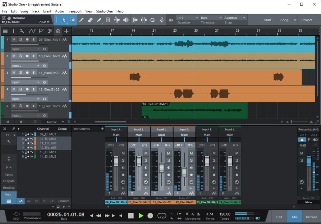 Enregistrement de guitare électrique sur Studio One, un DAW professionnel.