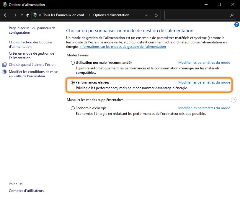 Mode de gestion d'alimentation "Performances élevées" sous Windows