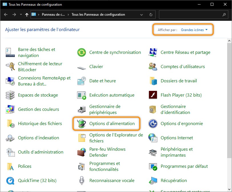 Options d'alimentation sous Windows