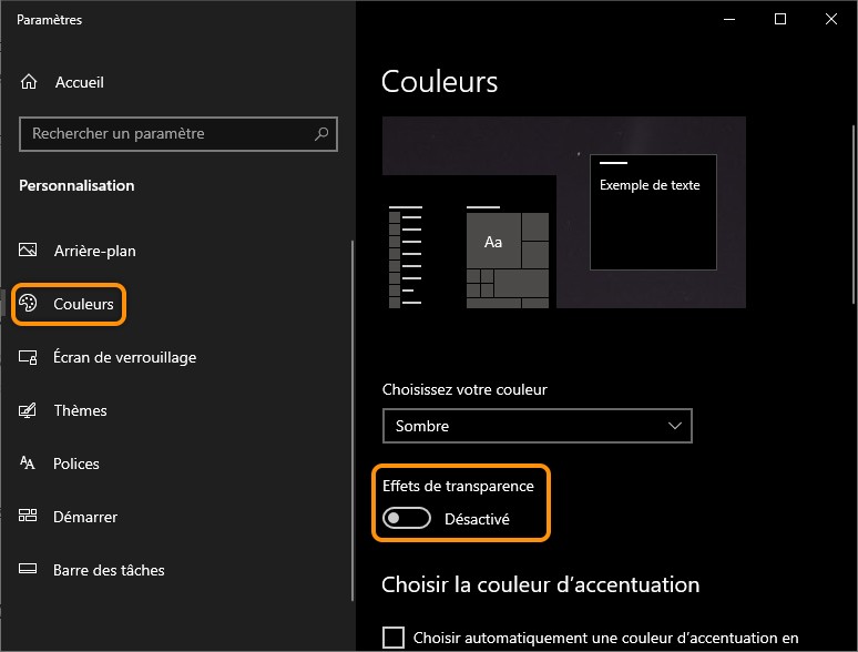 Réglages d'effets de transparence sur Windows 10
