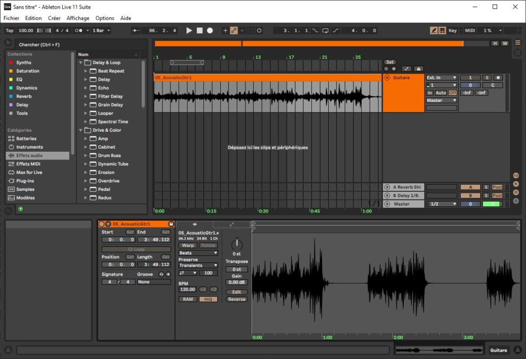 Le DAW Ableton Live utilisé pour un enregistrement de guitare acoustique